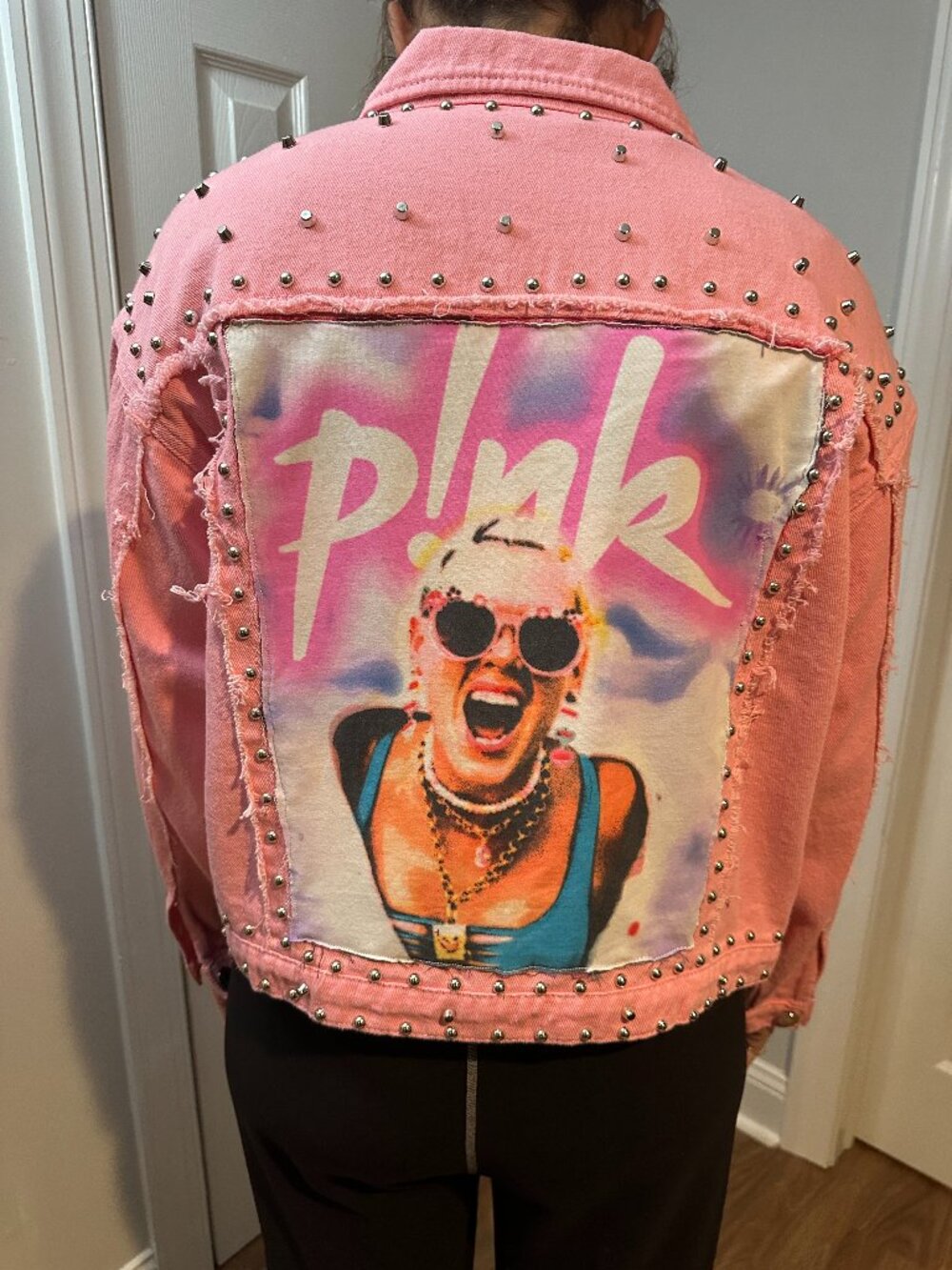 Pink Studded Denim Jean Jacket with P!NK image on back - Picture 1 of 3